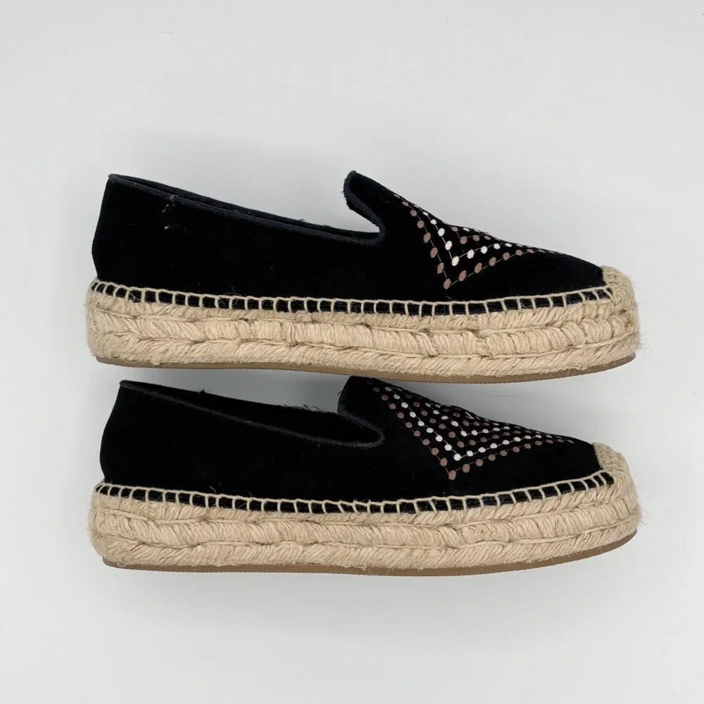 Jack Rogers Black Suede Embroidered Espadrilles Sz 7.5 Summer Classic